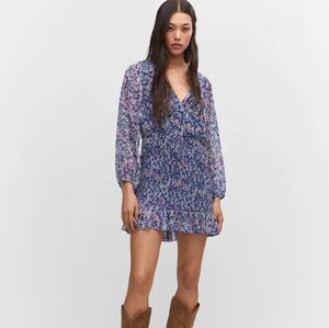 NWT Mango MNG Flower Blue Pink Short Dress Ruched Hem Long Sleeves Size XS